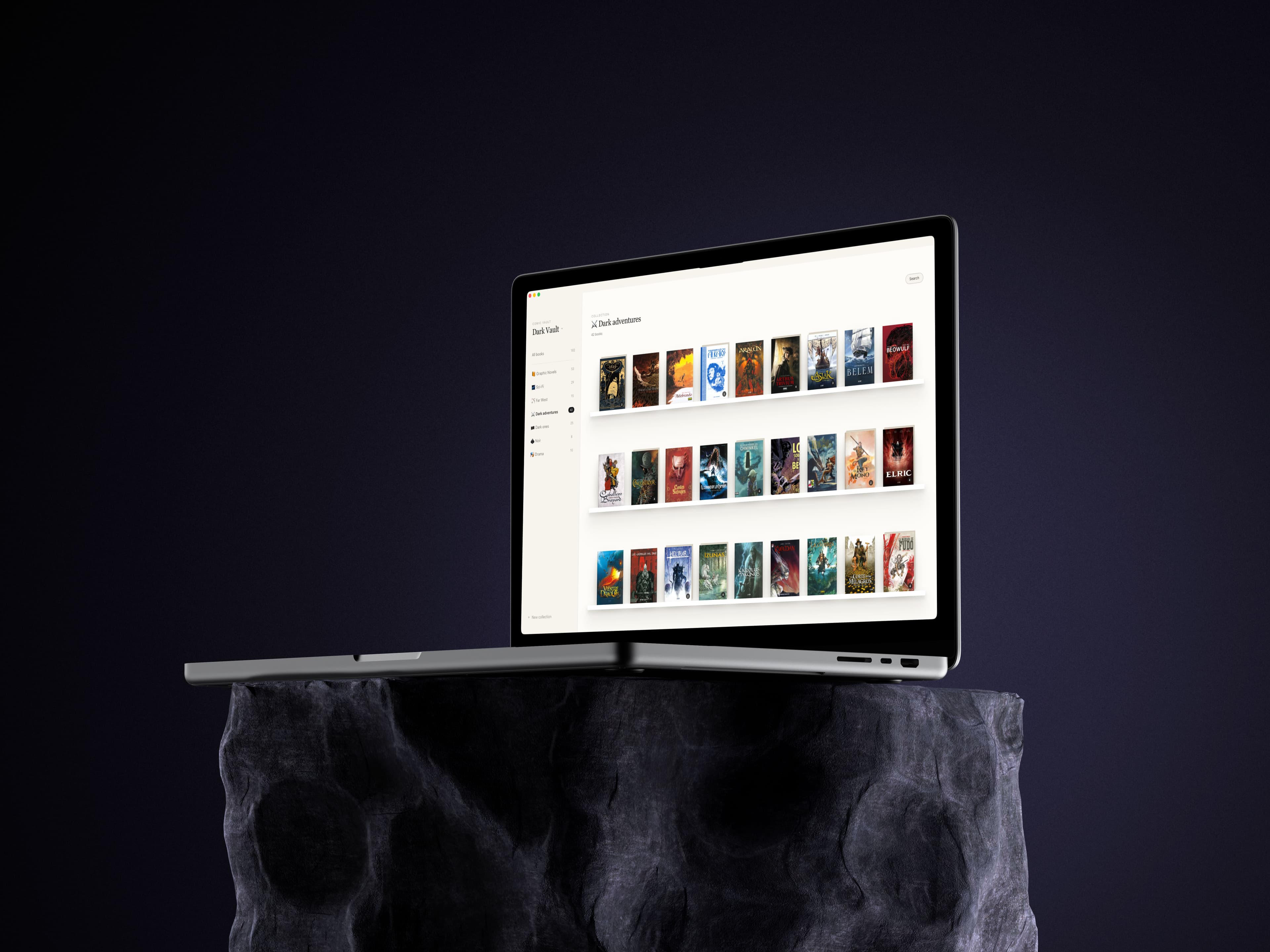 Shelf Republic on a MacBook resting on a stone pedestal, showing the Dark Adventures vault with three shelves of fantasy covers