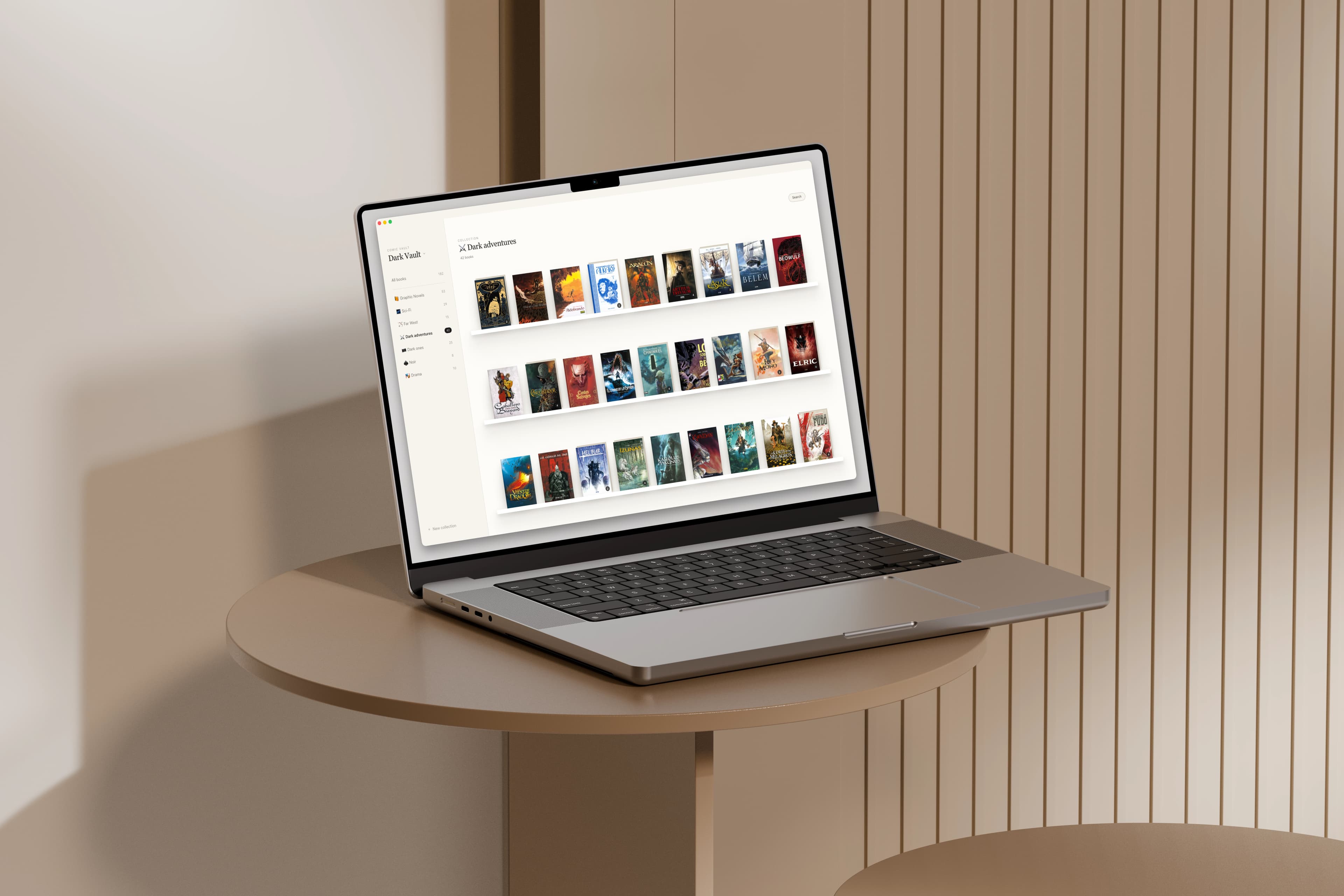 Shelf Republic on a MacBook Pro showing the Dark Adventures vault, three floating shelves of oversized covers
